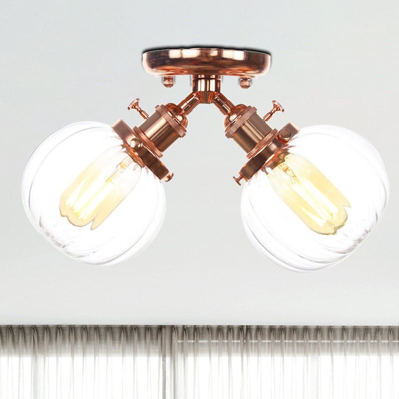 Amber/Clear Glass Ball Semi Flush Pendant Light Industrial Style 2 Heads Black/Bronze Ceiling Mounted Lamp for Restaurant Rose Gold Clear Clearhalo 'Ceiling Lights' 'Close To Ceiling Lights' 'Close to ceiling' 'Glass shade' 'Glass' 'Semi-flushmount' Lighting' 256595