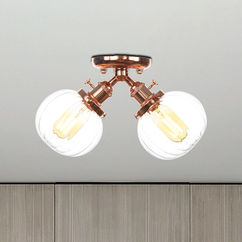Amber/Clear Glass Ball Semi Flush Pendant Light Industrial Style 2 Heads Black/Bronze Ceiling Mounted Lamp for Restaurant Clearhalo 'Ceiling Lights' 'Close To Ceiling Lights' 'Close to ceiling' 'Glass shade' 'Glass' 'Semi-flushmount' Lighting' 256596