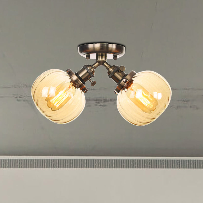 Amber/Clear Glass Ball Semi Flush Pendant Light Industrial Style 2 Heads Black/Bronze Ceiling Mounted Lamp for Restaurant Clearhalo 'Ceiling Lights' 'Close To Ceiling Lights' 'Close to ceiling' 'Glass shade' 'Glass' 'Semi-flushmount' Lighting' 256599