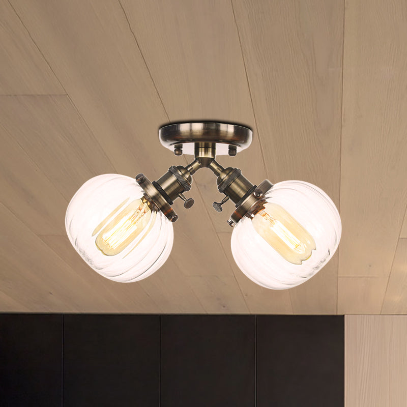 Amber/Clear Glass Ball Semi Flush Pendant Light Industrial Style 2 Heads Black/Bronze Ceiling Mounted Lamp for Restaurant Clearhalo 'Ceiling Lights' 'Close To Ceiling Lights' 'Close to ceiling' 'Glass shade' 'Glass' 'Semi-flushmount' Lighting' 256602