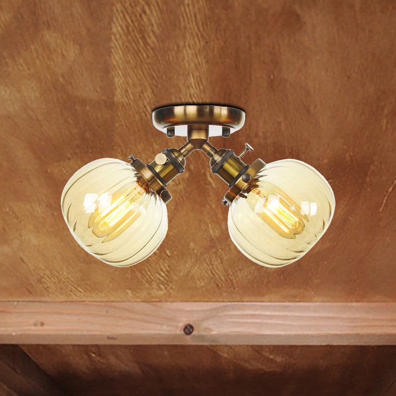 Amber/Clear Glass Ball Semi Flush Pendant Light Industrial Style 2 Heads Black/Bronze Ceiling Mounted Lamp for Restaurant Clearhalo 'Ceiling Lights' 'Close To Ceiling Lights' 'Close to ceiling' 'Glass shade' 'Glass' 'Semi-flushmount' Lighting' 256605