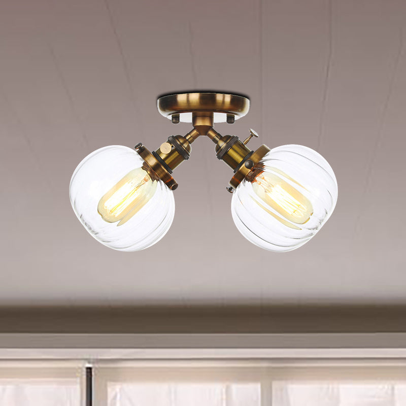 Amber/Clear Glass Ball Semi Flush Pendant Light Industrial Style 2 Heads Black/Bronze Ceiling Mounted Lamp for Restaurant Clearhalo 'Ceiling Lights' 'Close To Ceiling Lights' 'Close to ceiling' 'Glass shade' 'Glass' 'Semi-flushmount' Lighting' 256608
