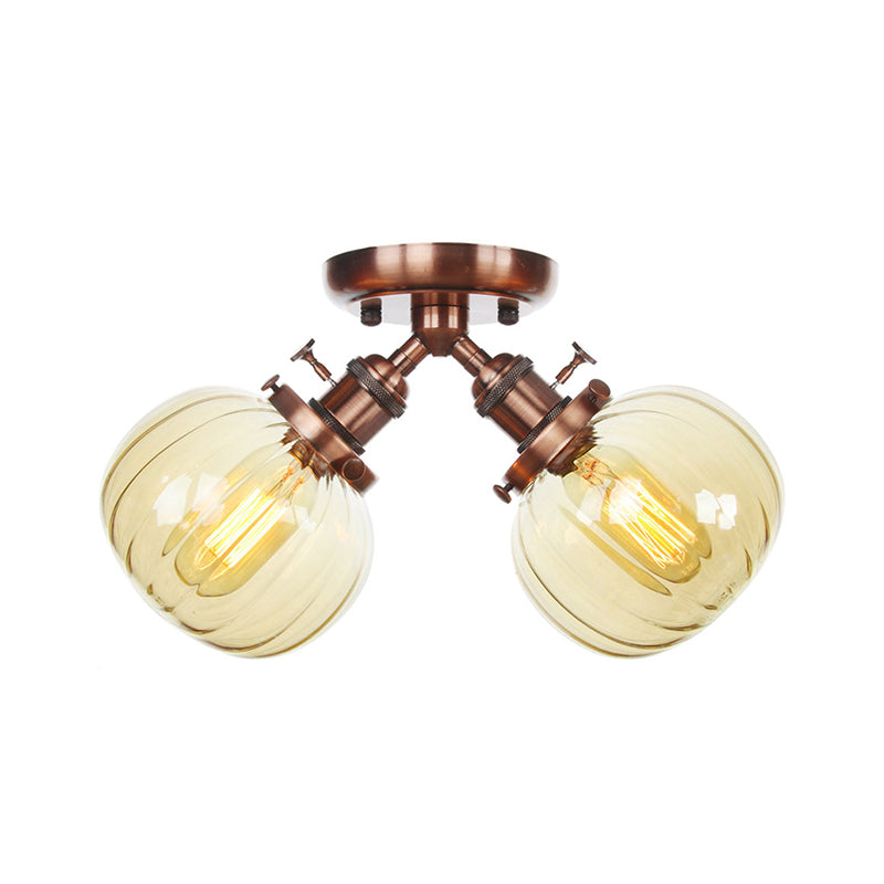 Amber/Clear Glass Ball Semi Flush Pendant Light Industrial Style 2 Heads Black/Bronze Ceiling Mounted Lamp for Restaurant Clearhalo 'Ceiling Lights' 'Close To Ceiling Lights' 'Close to ceiling' 'Glass shade' 'Glass' 'Semi-flushmount' Lighting' 256612