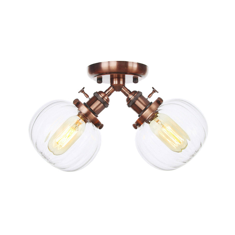 Amber/Clear Glass Ball Semi Flush Pendant Light Industrial Style 2 Heads Black/Bronze Ceiling Mounted Lamp for Restaurant Clearhalo 'Ceiling Lights' 'Close To Ceiling Lights' 'Close to ceiling' 'Glass shade' 'Glass' 'Semi-flushmount' Lighting' 256615