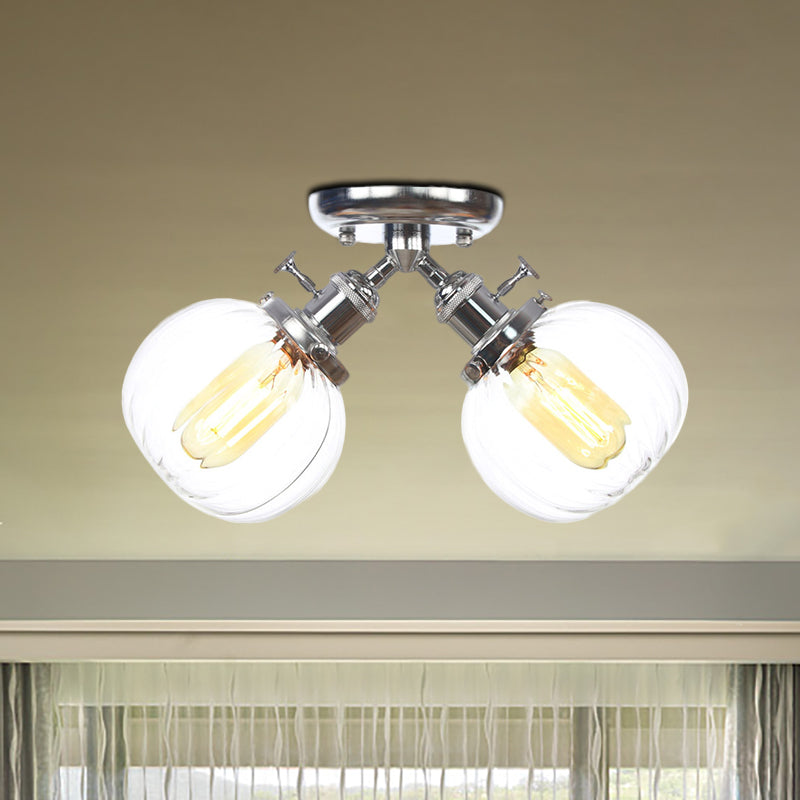 Amber/Clear Glass Ball Semi Flush Pendant Light Industrial Style 2 Heads Black/Bronze Ceiling Mounted Lamp for Restaurant Clearhalo 'Ceiling Lights' 'Close To Ceiling Lights' 'Close to ceiling' 'Glass shade' 'Glass' 'Semi-flushmount' Lighting' 256620