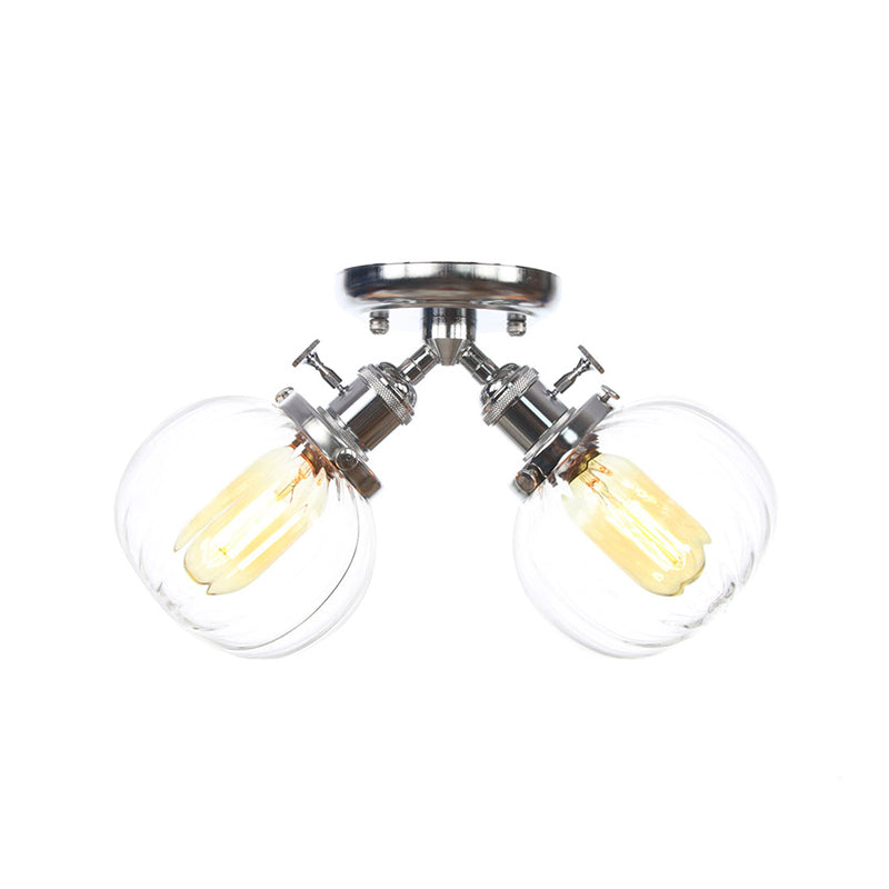 Amber/Clear Glass Ball Semi Flush Pendant Light Industrial Style 2 Heads Black/Bronze Ceiling Mounted Lamp for Restaurant Clearhalo 'Ceiling Lights' 'Close To Ceiling Lights' 'Close to ceiling' 'Glass shade' 'Glass' 'Semi-flushmount' Lighting' 256621