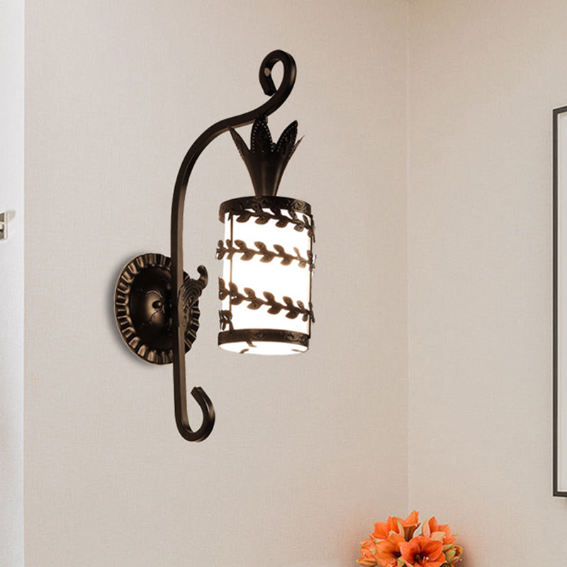 Flower/Leaf/Metal Frame Corridor Wall Lamp Country Style Milky Glass 1 Light Black Sconce Light Fixture Clearhalo 'Wall Lamps & Sconces' 'Wall Lights' Lighting' 256646