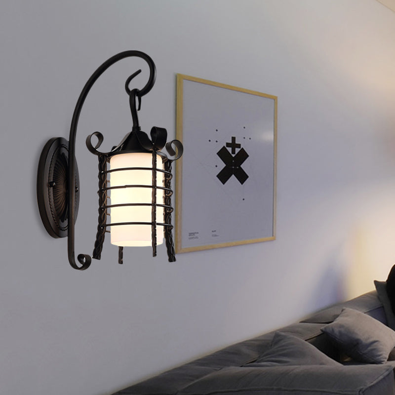 Flower/Leaf/Metal Frame Corridor Wall Lamp Country Style Milky Glass 1 Light Black Sconce Light Fixture Black Metal Frame Clearhalo 'Wall Lamps & Sconces' 'Wall Lights' Lighting' 256652