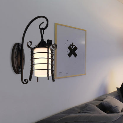 Flower/Leaf/Metal Frame Corridor Wall Lamp Country Style Milky Glass 1 Light Black Sconce Light Fixture Black Metal Frame Clearhalo 'Wall Lamps & Sconces' 'Wall Lights' Lighting' 256652