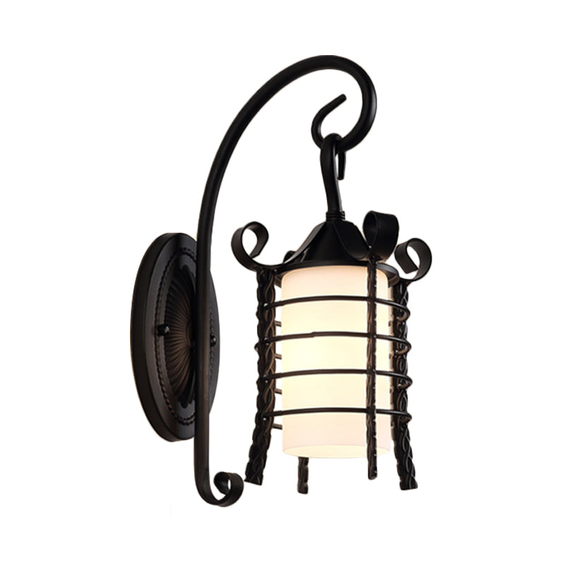Flower/Leaf/Metal Frame Corridor Wall Lamp Country Style Milky Glass 1 Light Black Sconce Light Fixture Clearhalo 'Wall Lamps & Sconces' 'Wall Lights' Lighting' 256654