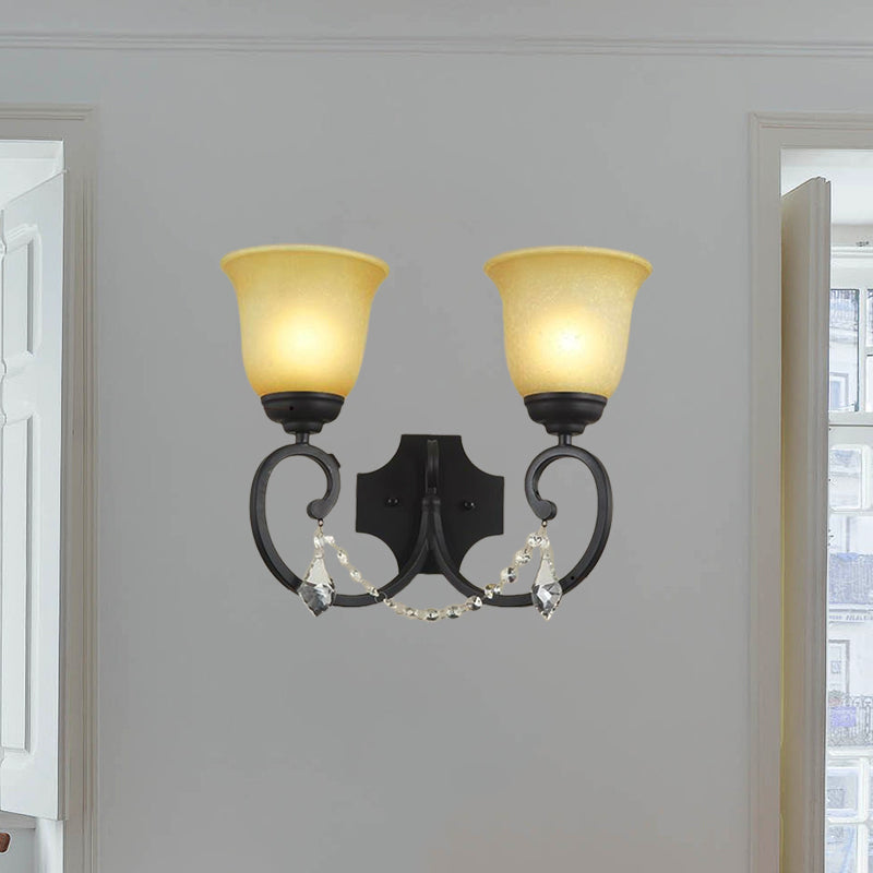 2 Lights Corridor Wall Mounted Lamp Vintage Black Sconce Light with Bell Amber Glass Shade Black Clearhalo 'Wall Lamps & Sconces' 'Wall Lights' Lighting' 256664
