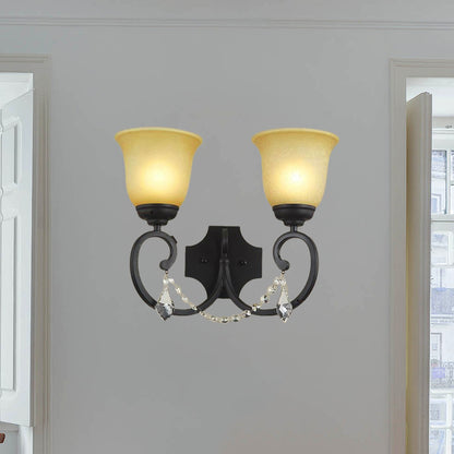 2 Lights Corridor Wall Mounted Lamp Vintage Black Sconce Light with Bell Amber Glass Shade Black Clearhalo 'Wall Lamps & Sconces' 'Wall Lights' Lighting' 256664