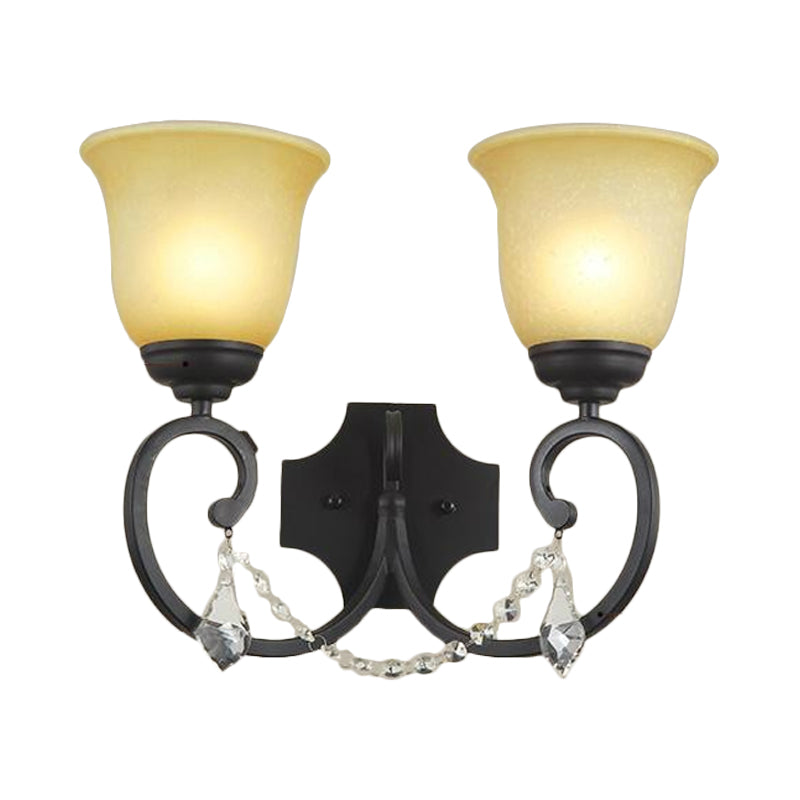 2 Lights Corridor Wall Mounted Lamp Vintage Black Sconce Light with Bell Amber Glass Shade Clearhalo 'Wall Lamps & Sconces' 'Wall Lights' Lighting' 256665