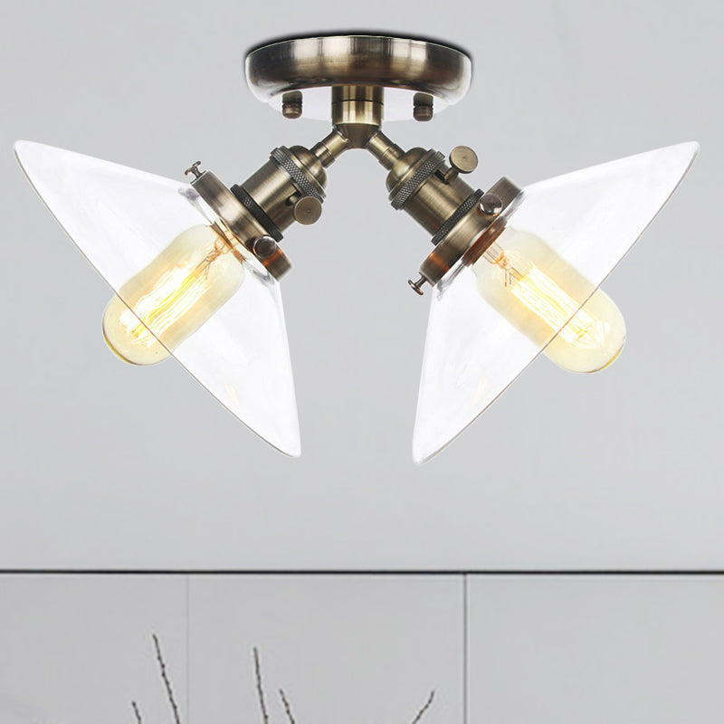 Conical Restaurant Semi Flush Light Clear Glass 2 Lights Industrial Stylish Ceiling Flush Mount in Black/Bronze Bronze Clearhalo 'Ceiling Lights' 'Close To Ceiling Lights' 'Close to ceiling' 'Glass shade' 'Glass' 'Pendant Lights' 'Semi-flushmount' Lighting' 256673