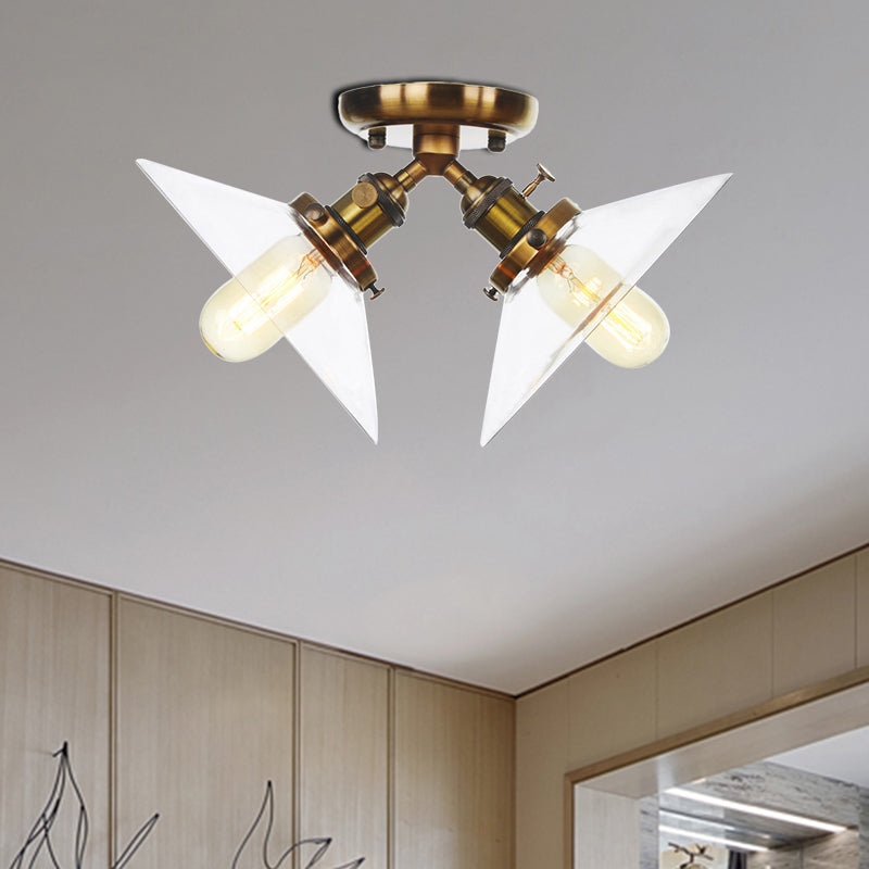 Conical Restaurant Semi Flush Light Clear Glass 2 Lights Industrial Stylish Ceiling Flush Mount in Black/Bronze Clearhalo 'Ceiling Lights' 'Close To Ceiling Lights' 'Close to ceiling' 'Glass shade' 'Glass' 'Pendant Lights' 'Semi-flushmount' Lighting' 256677