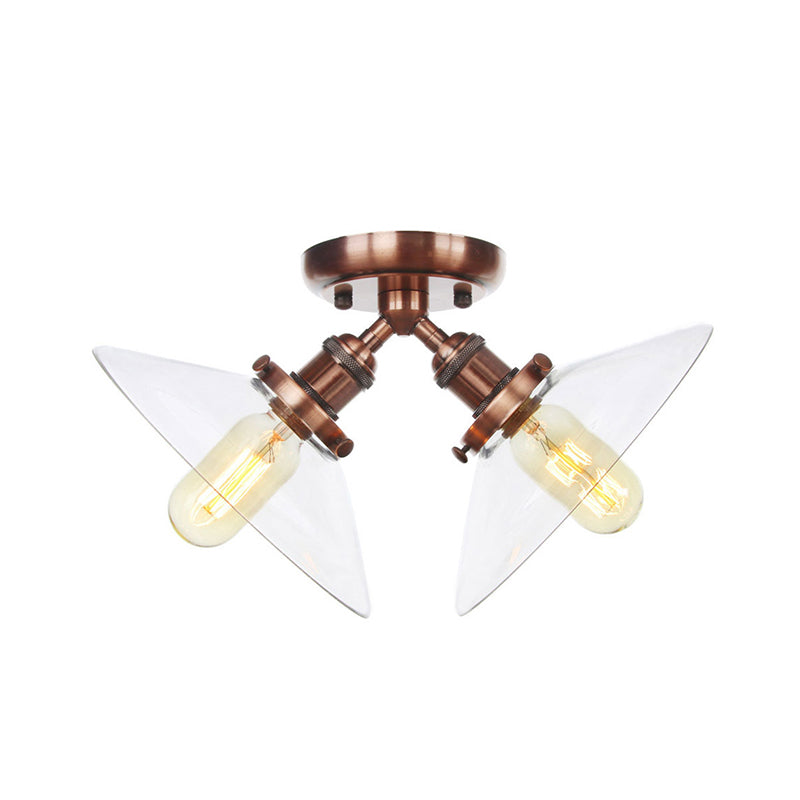 Conical Restaurant Semi Flush Light Clear Glass 2 Lights Industrial Stylish Ceiling Flush Mount in Black/Bronze Clearhalo 'Ceiling Lights' 'Close To Ceiling Lights' 'Close to ceiling' 'Glass shade' 'Glass' 'Pendant Lights' 'Semi-flushmount' Lighting' 256681