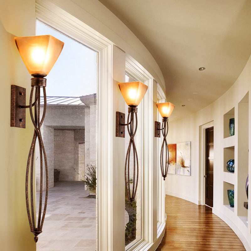 Twist Corridor Wall Lamp Vintage Metal 1 Light Rust Sconce Light Fixture with Trapezoid Glass Shade Clearhalo 'Wall Lamps & Sconces' 'Wall Lights' Lighting' 256701