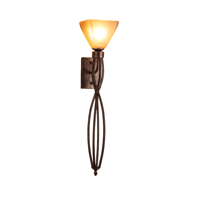 Twist Corridor Wall Lamp Vintage Metal 1 Light Rust Sconce Light Fixture with Trapezoid Glass Shade Rust Clearhalo 'Wall Lamps & Sconces' 'Wall Lights' Lighting' 256702