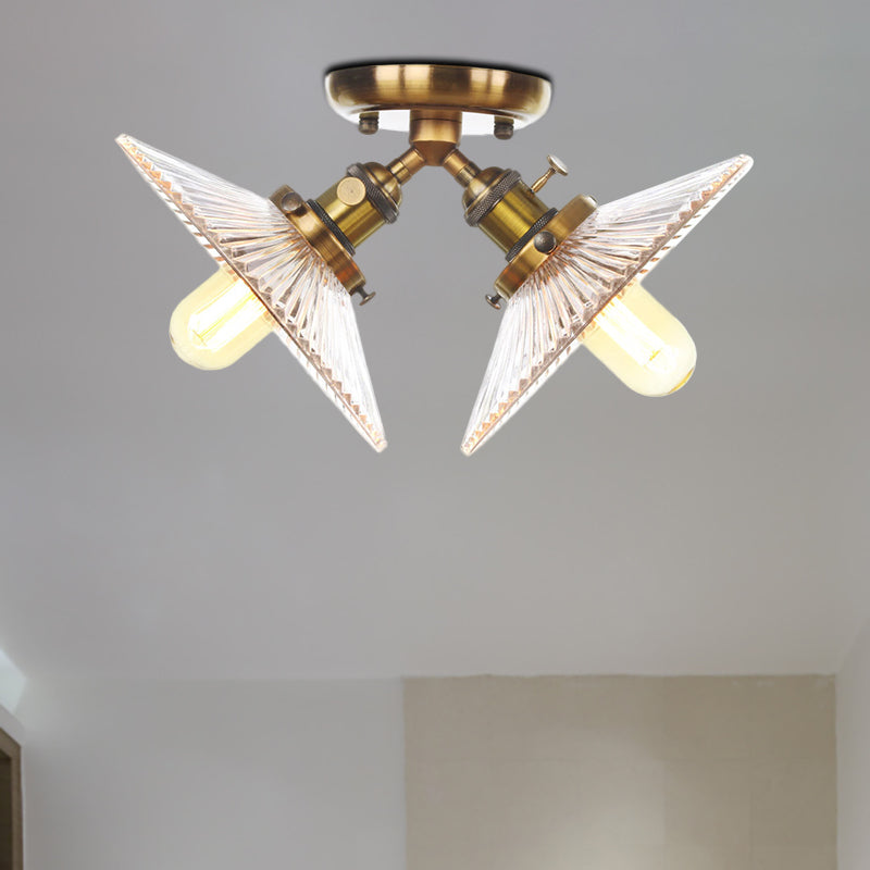 Industrial Flared Shade Ceiling Mounted Light Clear Ribbed Glass 2 Heads Restaurant Semi Mount Light in Black/Brass Clearhalo 'Ceiling Lights' 'Close To Ceiling Lights' 'Close to ceiling' 'Semi-flushmount' Lighting' 256711