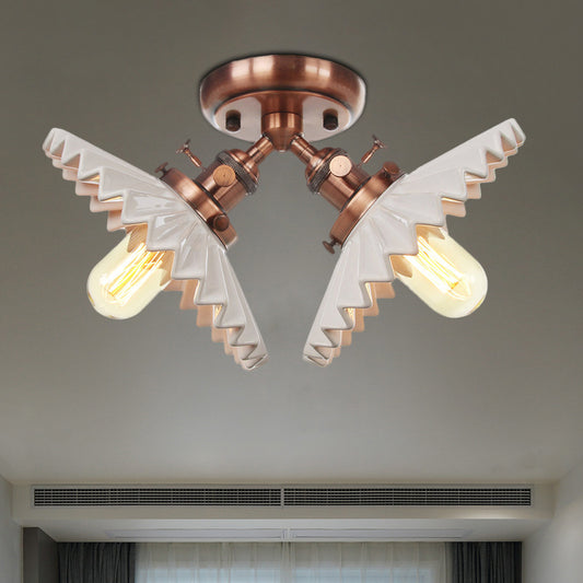 2 Bulbs Restaurant Ceiling Lighting Warehouse Style Black/Bronze Semi Flush Mount Light with Scalloped Milk Glass Shade Copper Clearhalo 'Ceiling Lights' 'Close To Ceiling Lights' 'Close to ceiling' 'Semi-flushmount' Lighting' 256771