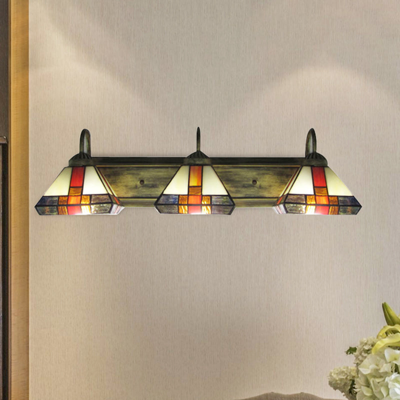 Triple Light Cone Vanity Lamp Stained Glass Mission Wall Sconce Light in Aged Brass Orange Clearhalo 'Industrial' 'Middle century wall lights' 'Tiffany wall lights' 'Tiffany' 'Wall Lamps & Sconces' 'Wall Lights' Lighting' 256846
