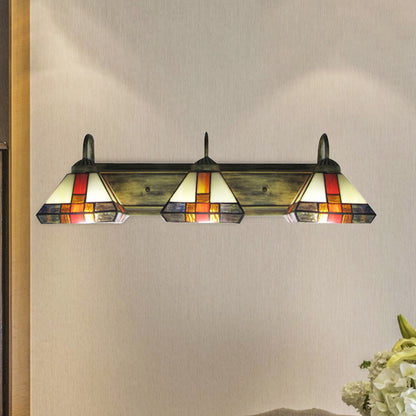 Triple Light Cone Vanity Lamp Stained Glass Mission Wall Sconce Light in Aged Brass Orange Clearhalo 'Industrial' 'Middle century wall lights' 'Tiffany wall lights' 'Tiffany' 'Wall Lamps & Sconces' 'Wall Lights' Lighting' 256846