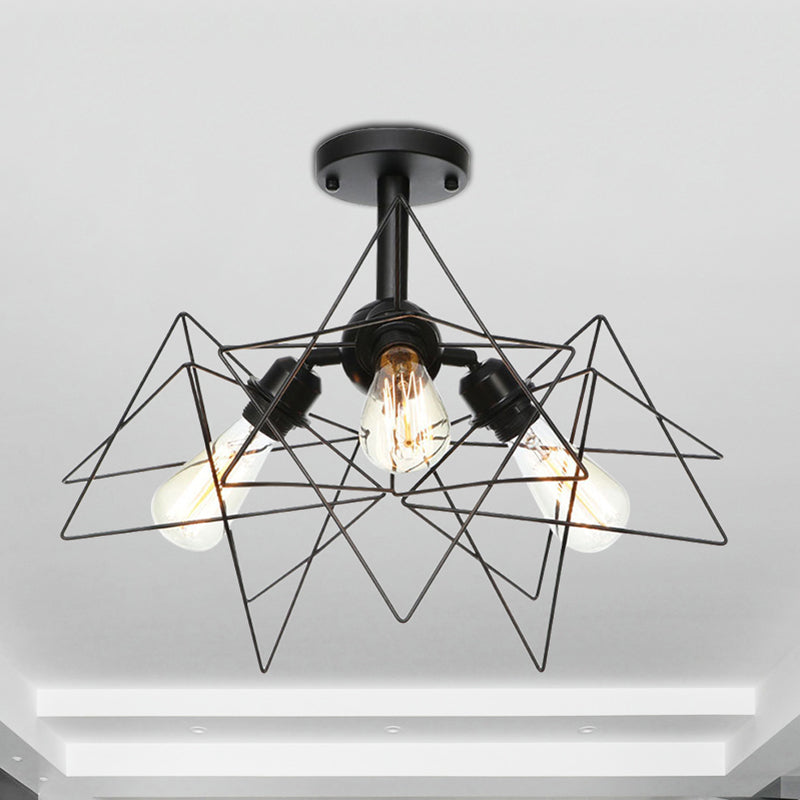3 Heads Living Room Semi Flush Lighting Industrial Style Black Ceiling Flush Mount with Wire Cage Metal Shade Clearhalo 'Ceiling Lights' 'Close To Ceiling Lights' 'Close to ceiling' 'Semi-flushmount' Lighting' 256890