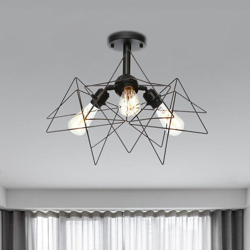 3 Heads Living Room Semi Flush Lighting Industrial Style Black Ceiling Flush Mount with Wire Cage Metal Shade Black D Clearhalo 'Ceiling Lights' 'Close To Ceiling Lights' 'Close to ceiling' 'Semi-flushmount' Lighting' 256891