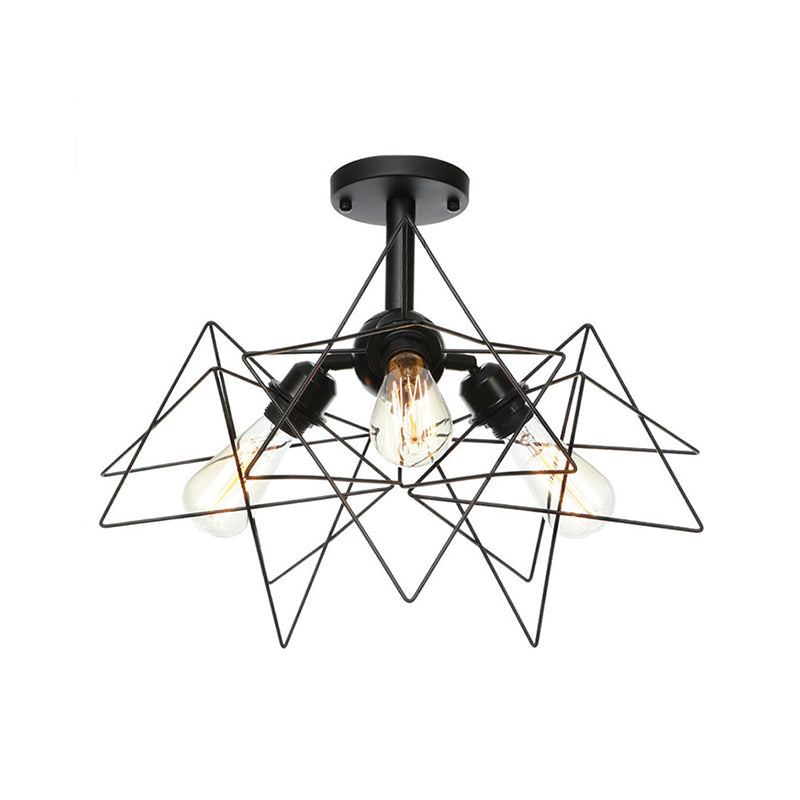 3 Heads Living Room Semi Flush Lighting Industrial Style Black Ceiling Flush Mount with Wire Cage Metal Shade Clearhalo 'Ceiling Lights' 'Close To Ceiling Lights' 'Close to ceiling' 'Semi-flushmount' Lighting' 256892
