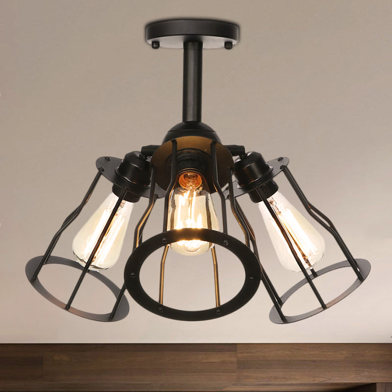 3 Heads Living Room Semi Flush Lighting Industrial Style Black Ceiling Flush Mount with Wire Cage Metal Shade Black B Clearhalo 'Ceiling Lights' 'Close To Ceiling Lights' 'Close to ceiling' 'Semi-flushmount' Lighting' 256893