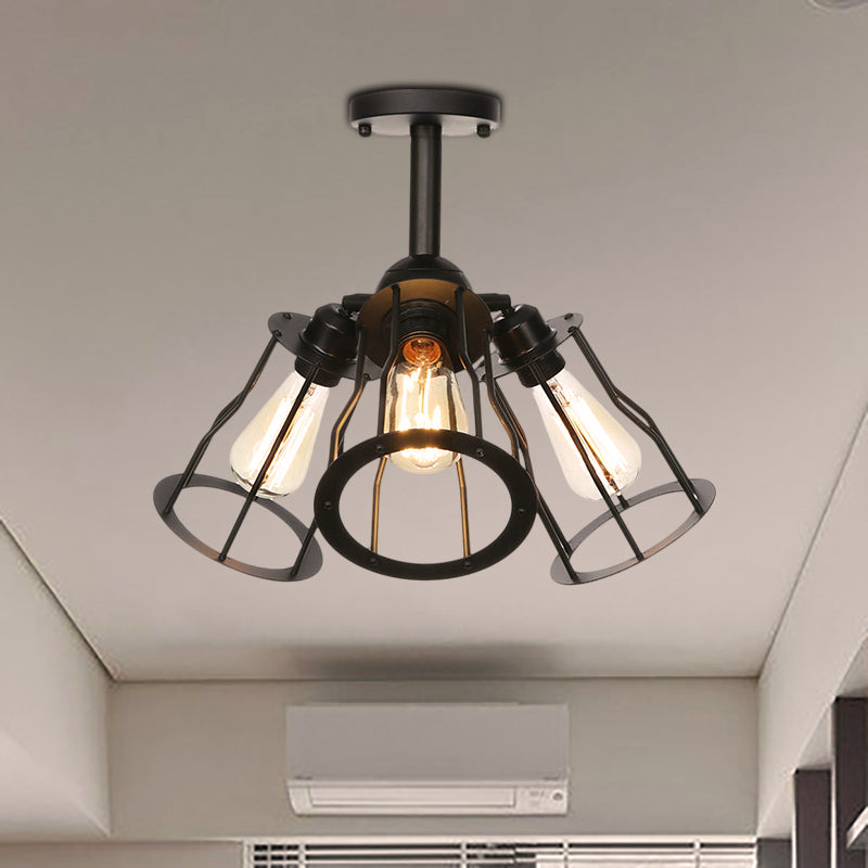 3 Heads Living Room Semi Flush Lighting Industrial Style Black Ceiling Flush Mount with Wire Cage Metal Shade Clearhalo 'Ceiling Lights' 'Close To Ceiling Lights' 'Close to ceiling' 'Semi-flushmount' Lighting' 256894