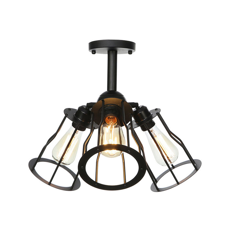 3 Heads Living Room Semi Flush Lighting Industrial Style Black Ceiling Flush Mount with Wire Cage Metal Shade Clearhalo 'Ceiling Lights' 'Close To Ceiling Lights' 'Close to ceiling' 'Semi-flushmount' Lighting' 256895
