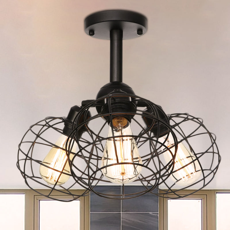 3 Heads Living Room Semi Flush Lighting Industrial Style Black Ceiling Flush Mount with Wire Cage Metal Shade Black E Clearhalo 'Ceiling Lights' 'Close To Ceiling Lights' 'Close to ceiling' 'Semi-flushmount' Lighting' 256896