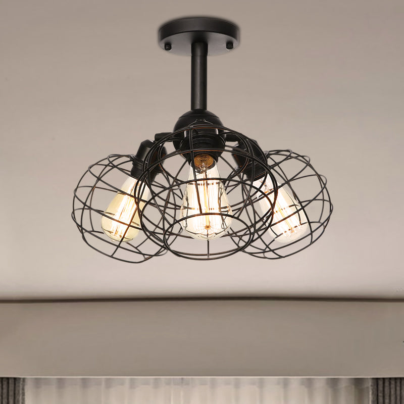 3 Heads Living Room Semi Flush Lighting Industrial Style Black Ceiling Flush Mount with Wire Cage Metal Shade Clearhalo 'Ceiling Lights' 'Close To Ceiling Lights' 'Close to ceiling' 'Semi-flushmount' Lighting' 256897