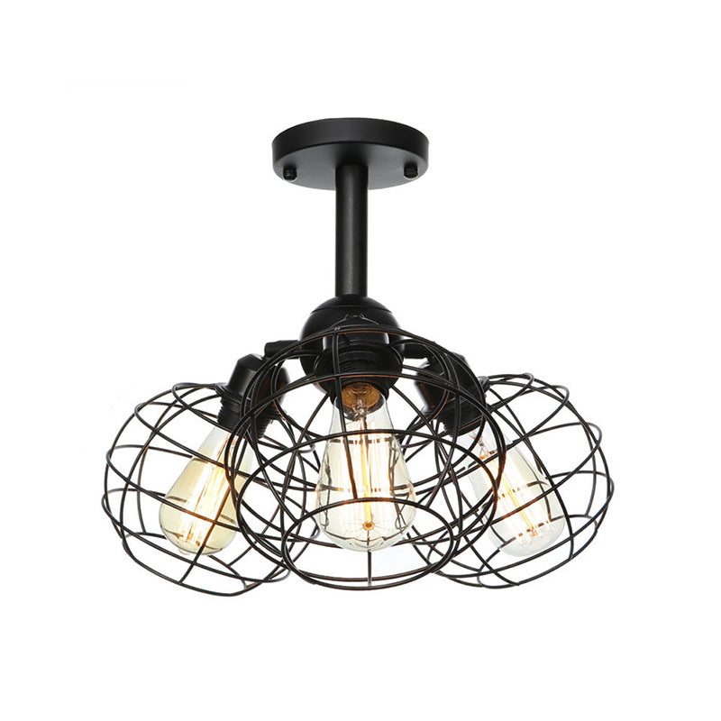 3 Heads Living Room Semi Flush Lighting Industrial Style Black Ceiling Flush Mount with Wire Cage Metal Shade Clearhalo 'Ceiling Lights' 'Close To Ceiling Lights' 'Close to ceiling' 'Semi-flushmount' Lighting' 256898