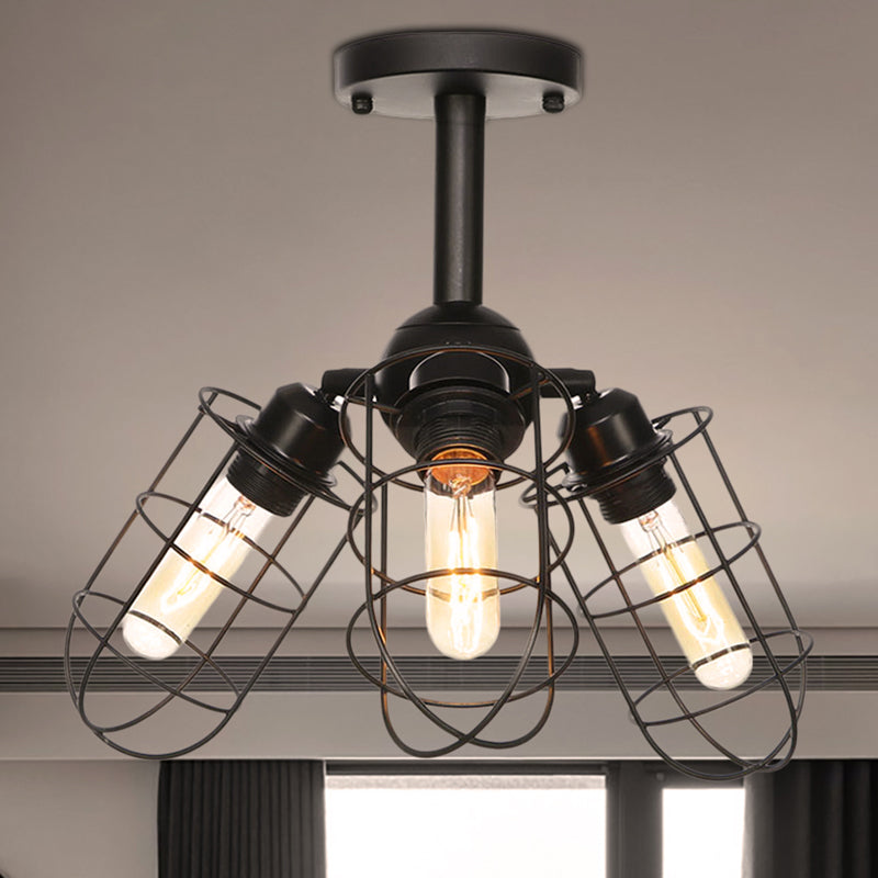 3 Heads Living Room Semi Flush Lighting Industrial Style Black Ceiling Flush Mount with Wire Cage Metal Shade Black C Clearhalo 'Ceiling Lights' 'Close To Ceiling Lights' 'Close to ceiling' 'Semi-flushmount' Lighting' 256899