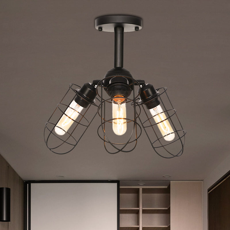 3 Heads Living Room Semi Flush Lighting Industrial Style Black Ceiling Flush Mount with Wire Cage Metal Shade Clearhalo 'Ceiling Lights' 'Close To Ceiling Lights' 'Close to ceiling' 'Semi-flushmount' Lighting' 256900