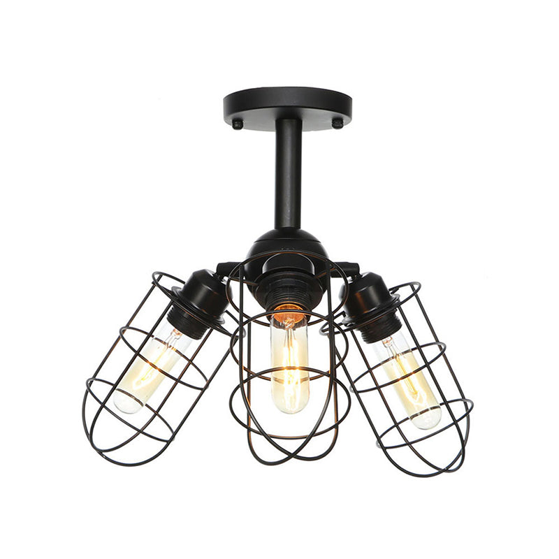3 Heads Living Room Semi Flush Lighting Industrial Style Black Ceiling Flush Mount with Wire Cage Metal Shade Clearhalo 'Ceiling Lights' 'Close To Ceiling Lights' 'Close to ceiling' 'Semi-flushmount' Lighting' 256901
