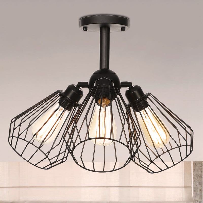 3 Heads Living Room Semi Flush Lighting Industrial Style Black Ceiling Flush Mount with Wire Cage Metal Shade Black A Clearhalo 'Ceiling Lights' 'Close To Ceiling Lights' 'Close to ceiling' 'Semi-flushmount' Lighting' 256902