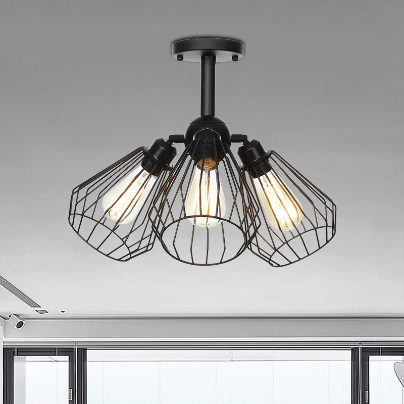 3 Heads Living Room Semi Flush Lighting Industrial Style Black Ceiling Flush Mount with Wire Cage Metal Shade Clearhalo 'Ceiling Lights' 'Close To Ceiling Lights' 'Close to ceiling' 'Semi-flushmount' Lighting' 256903