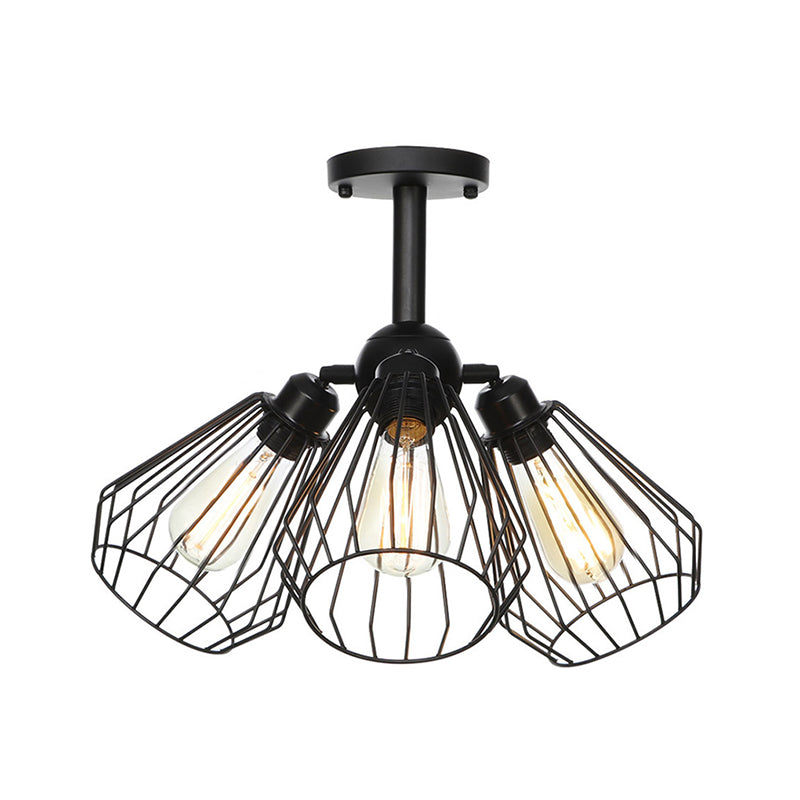 3 Heads Living Room Semi Flush Lighting Industrial Style Black Ceiling Flush Mount with Wire Cage Metal Shade Clearhalo 'Ceiling Lights' 'Close To Ceiling Lights' 'Close to ceiling' 'Semi-flushmount' Lighting' 256904