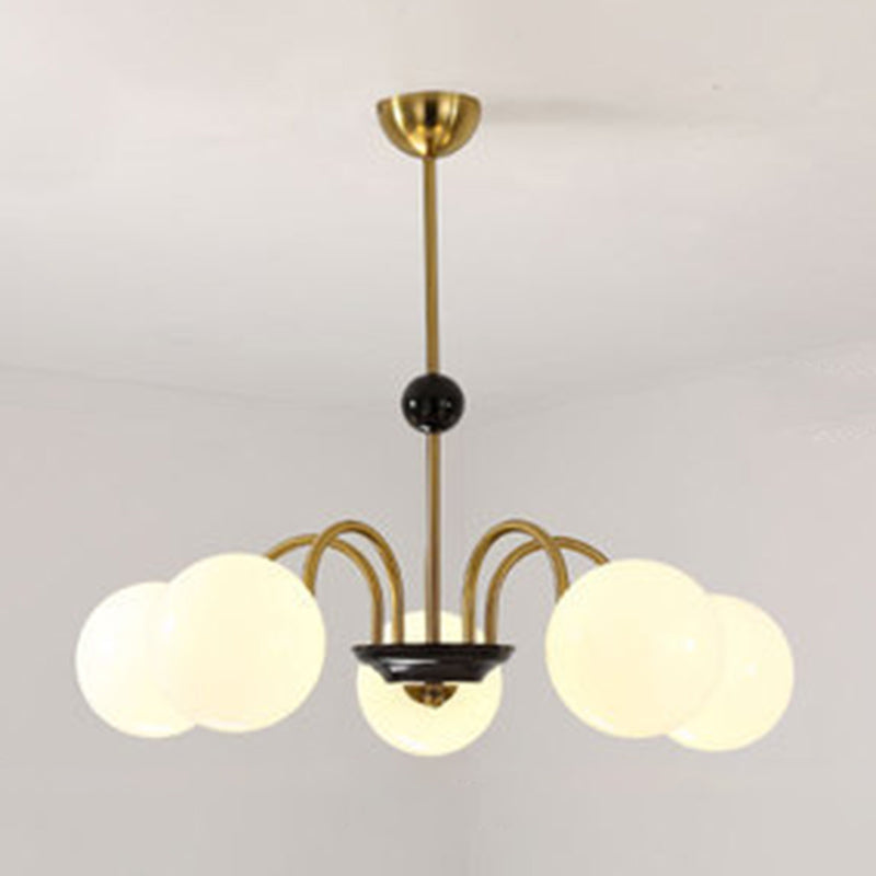 Globe Chandelier Lighting Fixtures Modern White Glass Suspension Light for Bedroom 5 Gold Clearhalo 'Ceiling Lights' 'Chandeliers' 'Modern Chandeliers' 'Modern' Lighting' 2569346