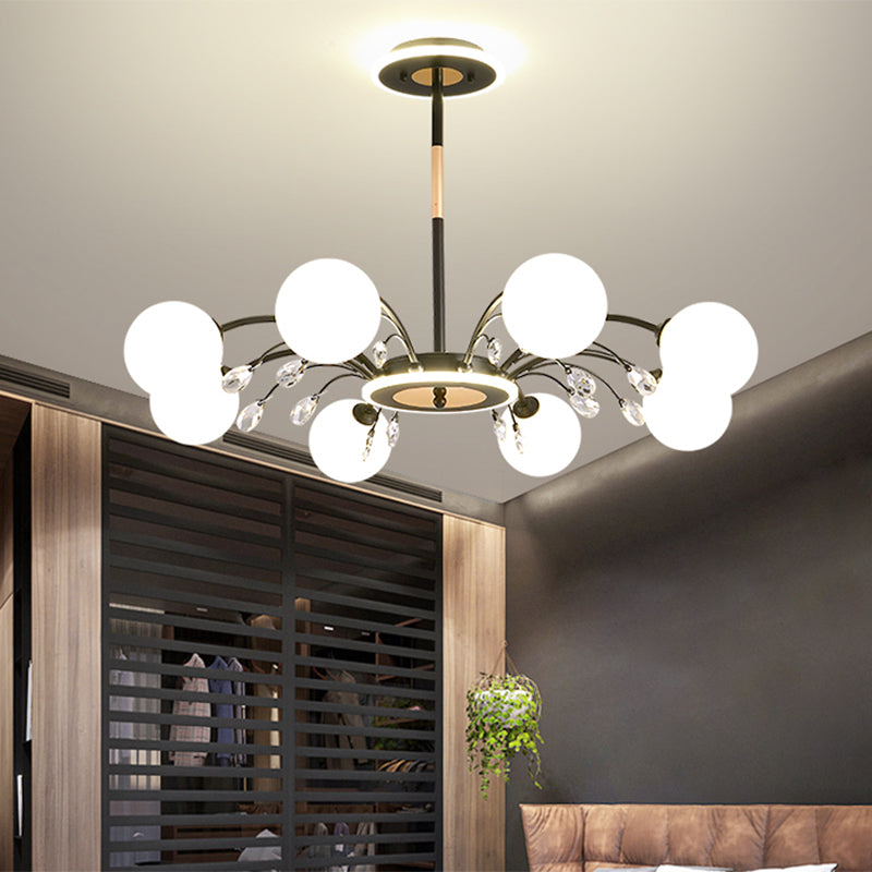 Spherical Chandelier Lighting Ultra-Contemporary Milk Glass Hanging Ceiling Lights for Living Room 8 Black Clearhalo 'Ceiling Lights' 'Chandeliers' 'Modern Chandeliers' 'Modern' Lighting' 2569359