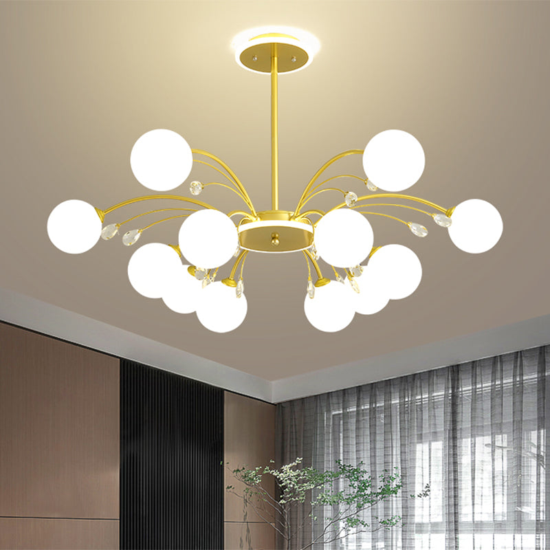 Spherical Chandelier Lighting Ultra-Contemporary Milk Glass Hanging Ceiling Lights for Living Room 12 Gold Clearhalo 'Ceiling Lights' 'Chandeliers' 'Modern Chandeliers' 'Modern' Lighting' 2569365