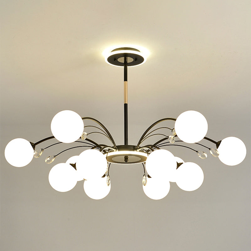 Spherical Chandelier Lighting Ultra-Contemporary Milk Glass Hanging Ceiling Lights for Living Room 12 Black Clearhalo 'Ceiling Lights' 'Chandeliers' 'Modern Chandeliers' 'Modern' Lighting' 2569367