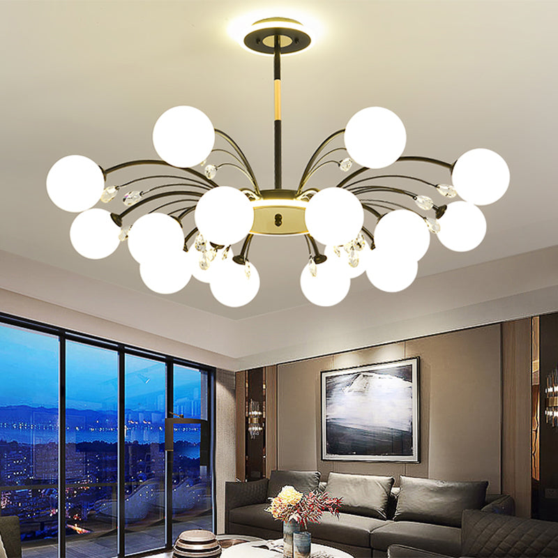 Spherical Chandelier Lighting Ultra-Contemporary Milk Glass Hanging Ceiling Lights for Living Room 16 Black Clearhalo 'Ceiling Lights' 'Chandeliers' 'Modern Chandeliers' 'Modern' Lighting' 2569369