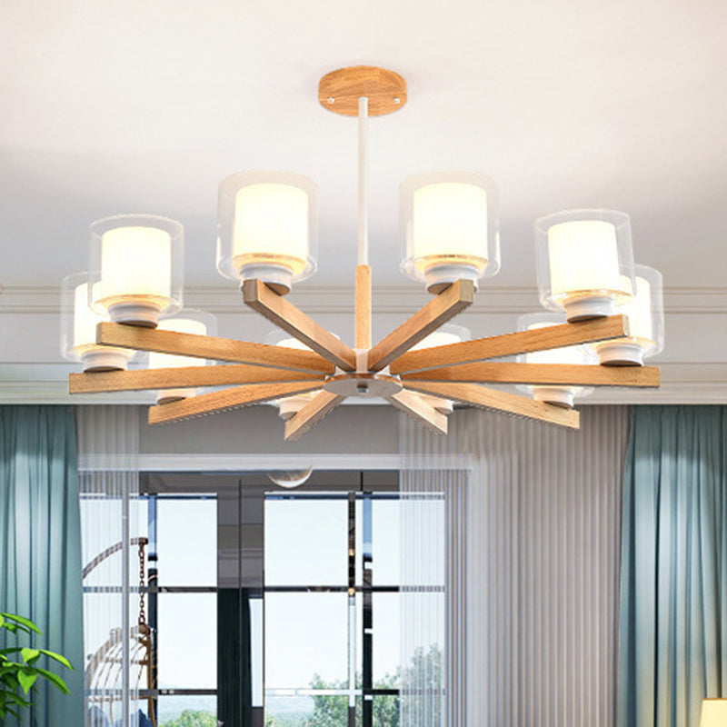 Cylinder Chandelier Lighting Fixtures Modern White Glass Suspension Light With Wooden Stand for Living Room Clearhalo 'Carpenter Chandeliers' 'Ceiling Lights' 'Chandeliers' 'Industrial' 'Modern Chandeliers' 'Modern' Lighting' 2569378