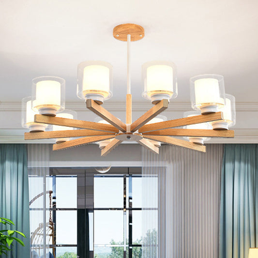 Cylinder Chandelier Lighting Fixtures Modern White Glass Suspension Light With Wooden Stand for Living Room