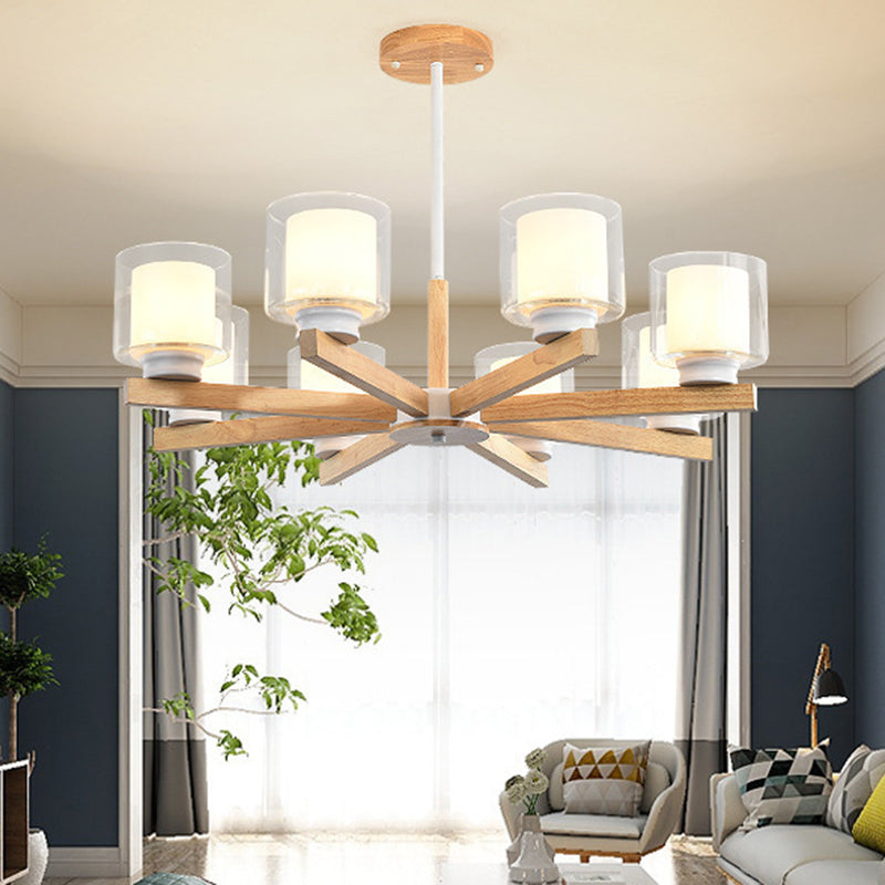 Cylinder Chandelier Lighting Fixtures Modern White Glass Suspension Light With Wooden Stand for Living Room Clearhalo 'Carpenter Chandeliers' 'Ceiling Lights' 'Chandeliers' 'Industrial' 'Modern Chandeliers' 'Modern' Lighting' 2569381