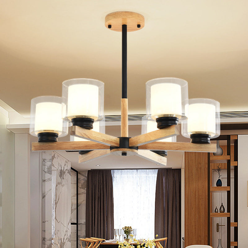 Cylinder Chandelier Lighting Fixtures Modern White Glass Suspension Light With Wooden Stand for Living Room Clearhalo 'Carpenter Chandeliers' 'Ceiling Lights' 'Chandeliers' 'Industrial' 'Modern Chandeliers' 'Modern' Lighting' 2569382